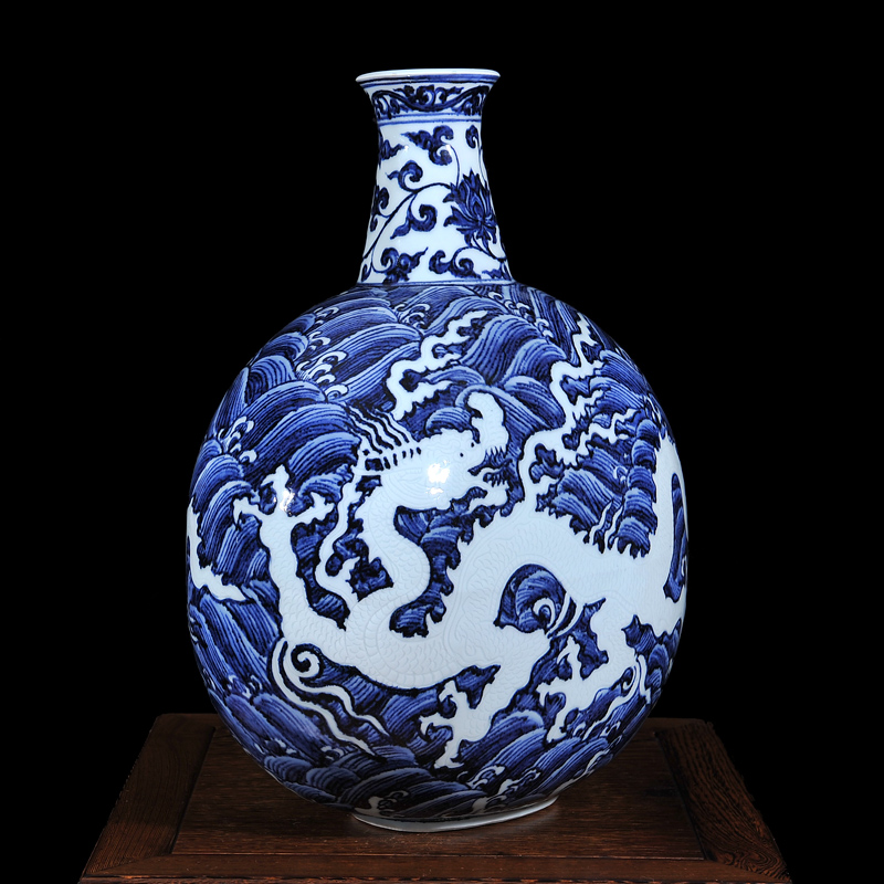 Jingdezhen ceramic high - end antique blue and white dragon in water tree sitting room place vase home decoration process