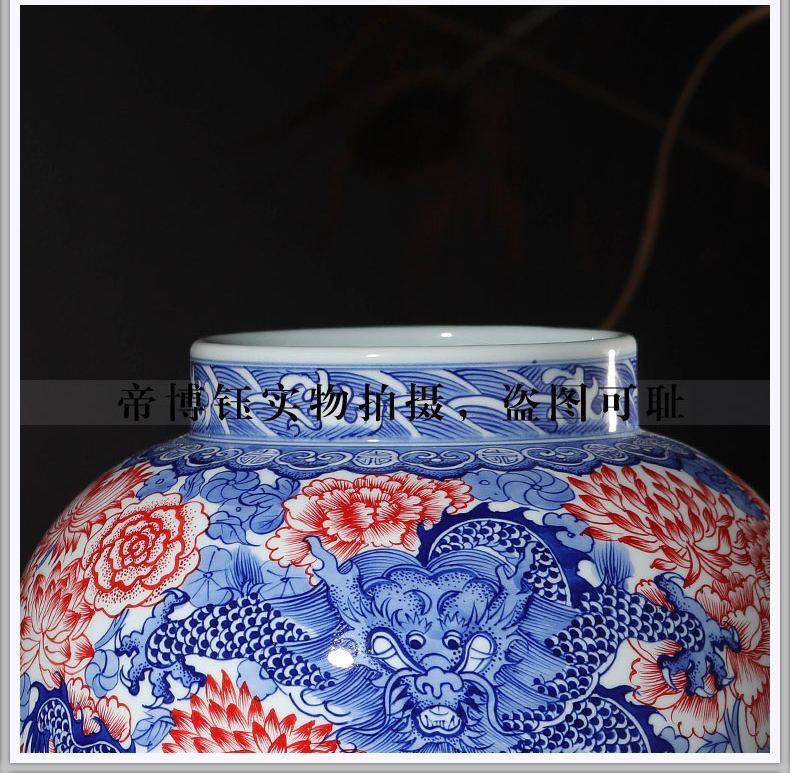 Antique hand - made porcelain of jingdezhen ceramics youligong red dragon wear a flower is the general pot of Chinese style living room home furnishing articles