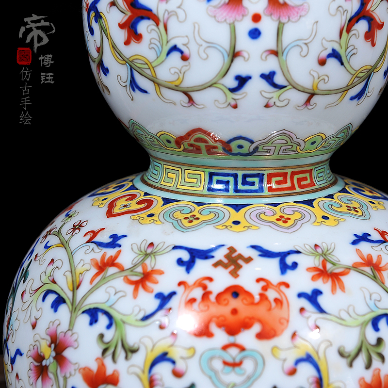 Jingdezhen ceramic vase colored enamel antique bound branch lotus handicrafts gourd vase vase household adornment furnishing articles