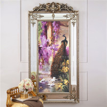 183x92 European and American French silver foil carved entrance hanging painting Corridor painting Pure hand-painted oil painting Wisteria flower purple peacock