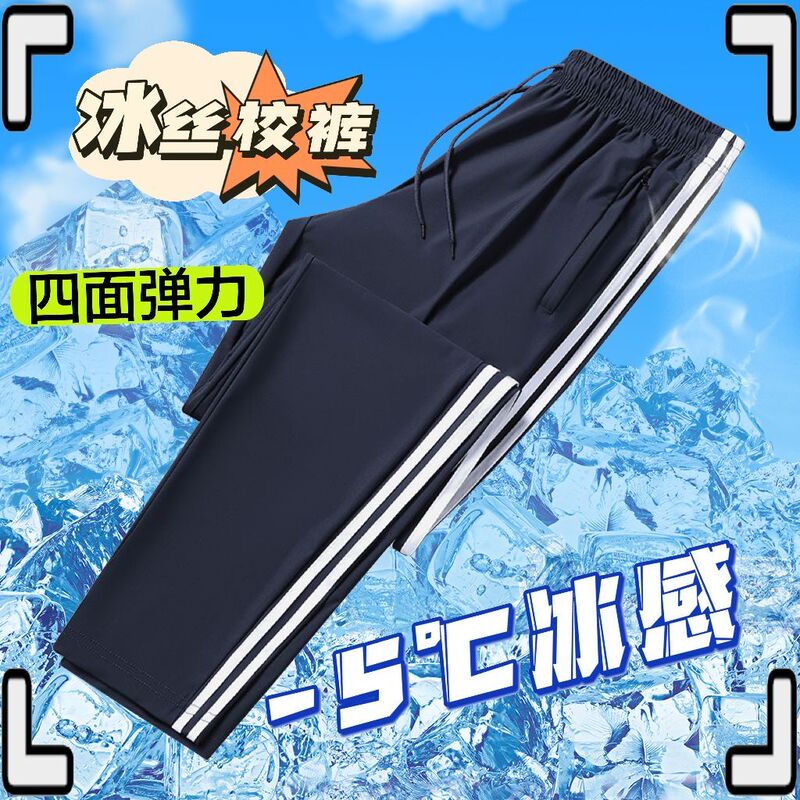 School Uniform Pants Summer Thin Ice Silk Quick-Drying Middle School and High School Primary School Students One Stripes Two Stripes Navy Blue Pants