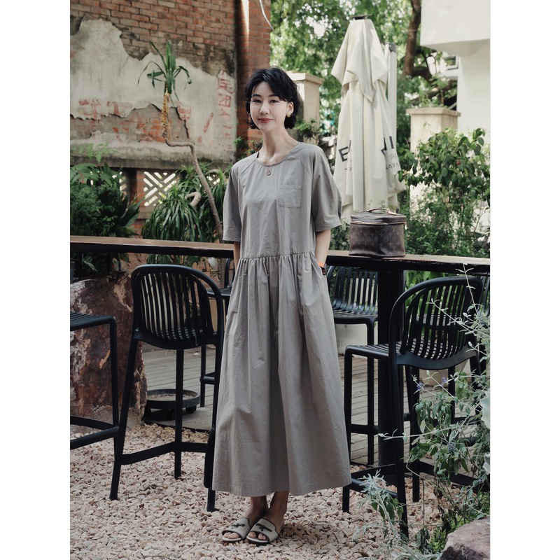 Tt Designer [Mengye Corridor] Japanese-Style Simple 100% Cotton Loose Dress Petite Elegant A-Line Skirt