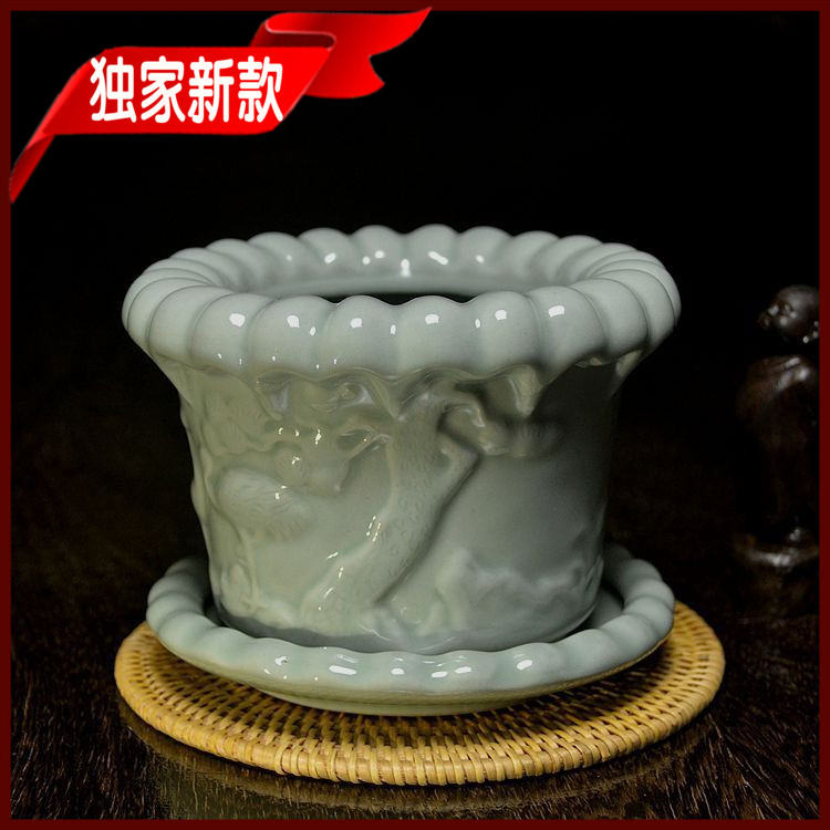 Longquan celadon double crane flowerpot old state-owned decorative flowerpot round belt picture calamus orchid flowerpot