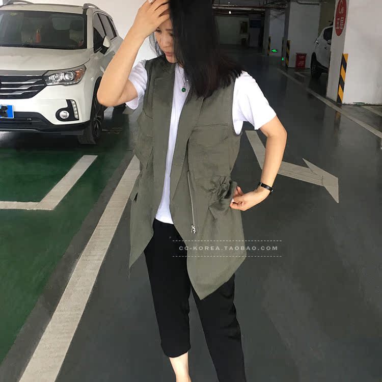 Hàn Quốc Dongdaemun mua 19 mùa hè mới cho phụ nữ dụng cụ vest giản dị áo thun thắt lưng dây rút - Áo vest áo phao nữ dáng dài