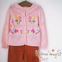Export autumn and winter Egyptian cotton soft pink flower cardigan girl knitwear round neck embroidery patch sweater