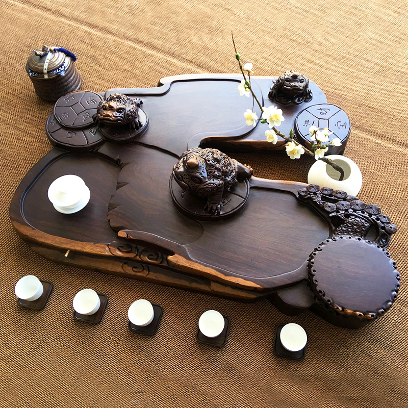 Large Kung Fu Tea Tea Table Black Sandalwood Tea Tray Whole Solid Wood Black Sandalwood Tea Sea Level Golden Toad