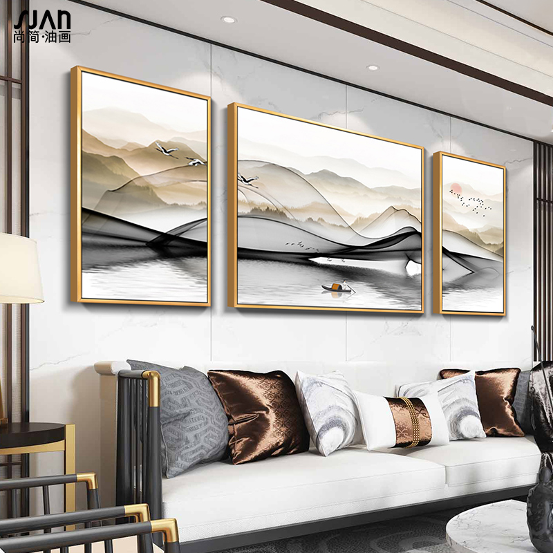 New Chinese Living Room Oil Painting Landscape Scenery sofa Background hanging painting Feng Shui Modern Decoration Painting Triptych Mural Painting