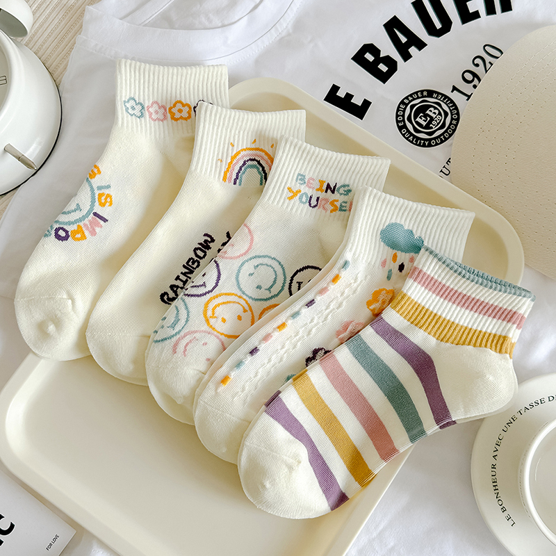 Purple Smiley Face Socks Women's Short Socks Spring and Autumn Cotton Socks Cute Cartoon Boat Socks Internet Celebrity ins Trendy Shallow Short Tube Sports Socks