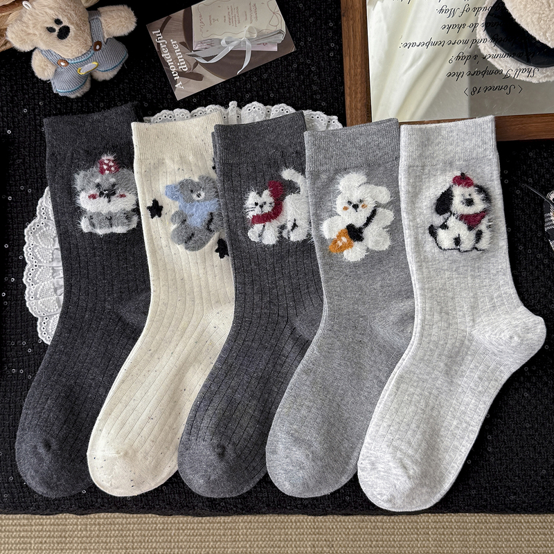 New Style Gray Autumn and Winter Socks for Women, Long Socks with Mink Fur, Cartoon Animal Mid-Calf Socks, Combed Cotton, Korean Style High Socks for Spring and Autumn