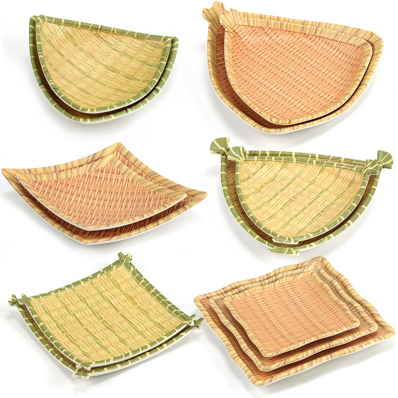 Melamine Hot Pot Plate Imitation Porcelain Bamboo Braided BBQ Plate Plastic Braided Bamboo Braided Disc Snack Plate Creative Snack Plate