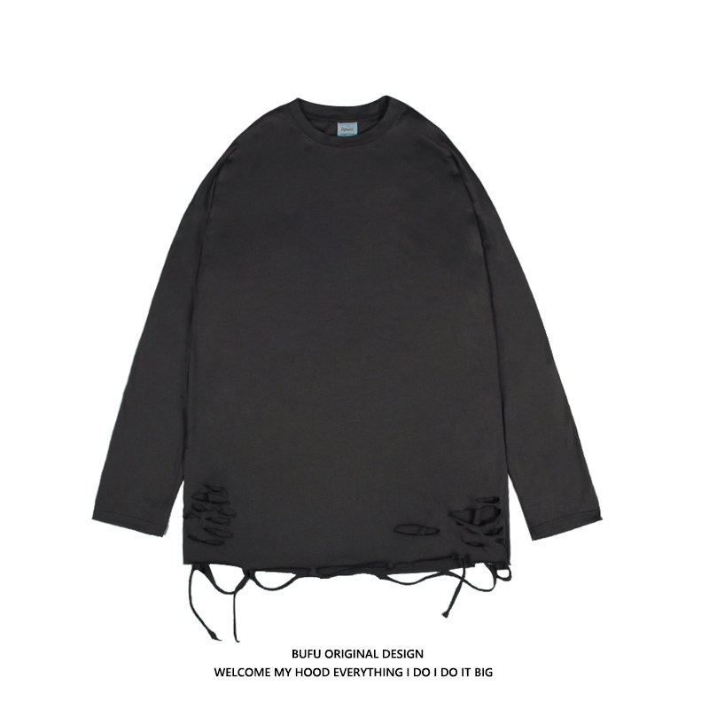 Hundreds of millions of teenagers high street basic style ripped long-sleeved T-shirt men and women couple outfit hip-hop street bottoming shirt tee