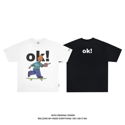 Мультяшный скейтборд, футболка с коротким рукавом для влюбленных, в американском стиле