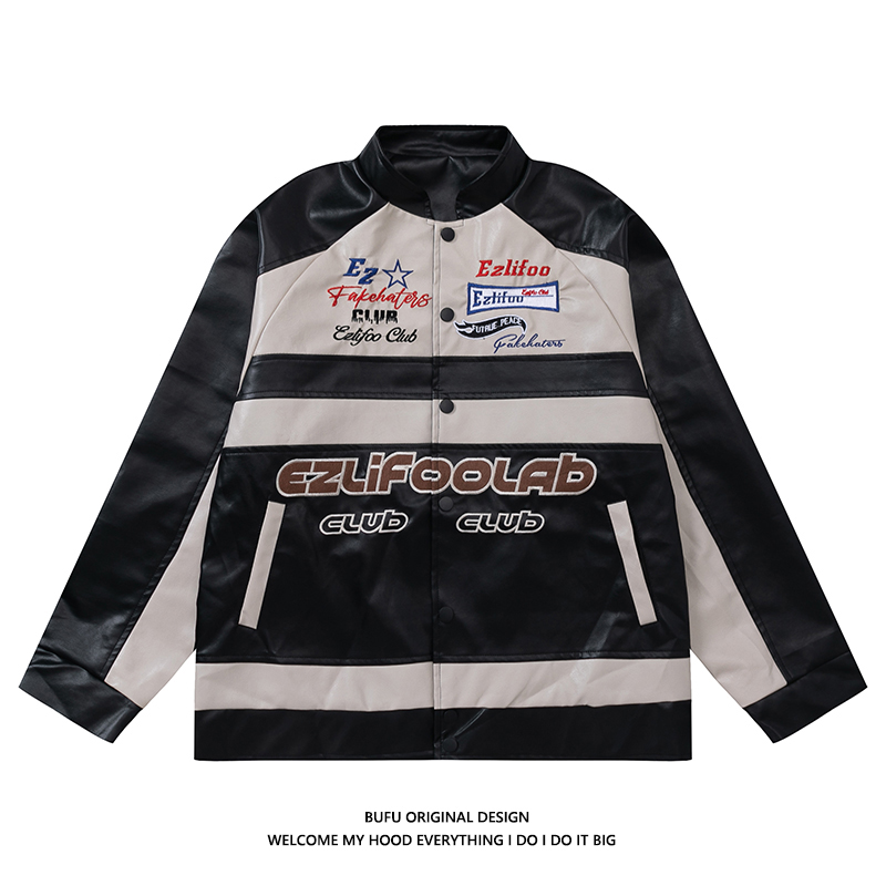 Millions of teenage American retro locomotive wind PU leather jacket men and women couples Guoxio brand hip hop racing coat