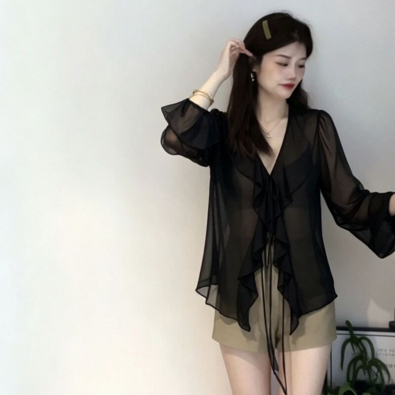 Korean Style Fashionable and Versatile Ruffled Lace-Up Sun Protection Shirt for Women, New Summer Style, Lightweight and Stylish Bell-Sleeve Top