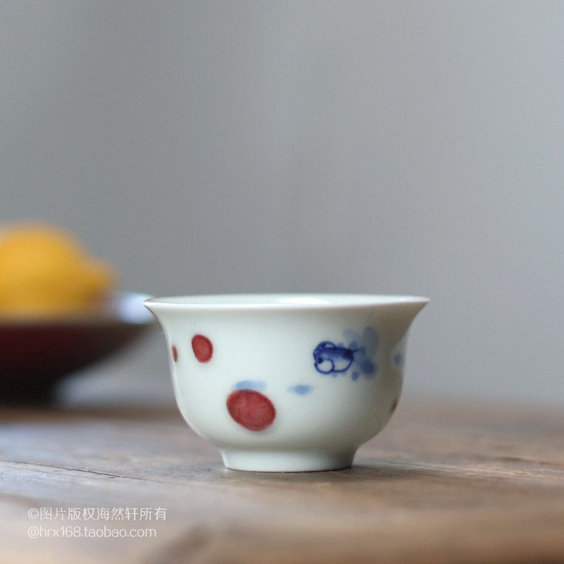 Glazed Red Gongfu Tea Cup Tea Set of tea Tea Tea Cup Handpainted Small Fish Gold Fish White Porcelain China Small Number Tea Bowl