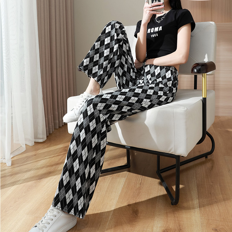 Black and white plaid pants women's loose straight casual mopping floor 2022 spring small tall waist drape wide leg pants