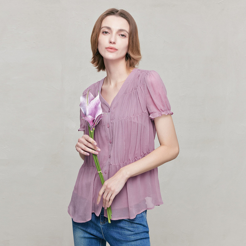 7714493, Finity 100% Mulberry Silk Summer Casual Solid Color Soft, Skin-Friendly and Breathable Silk Women's Shirt