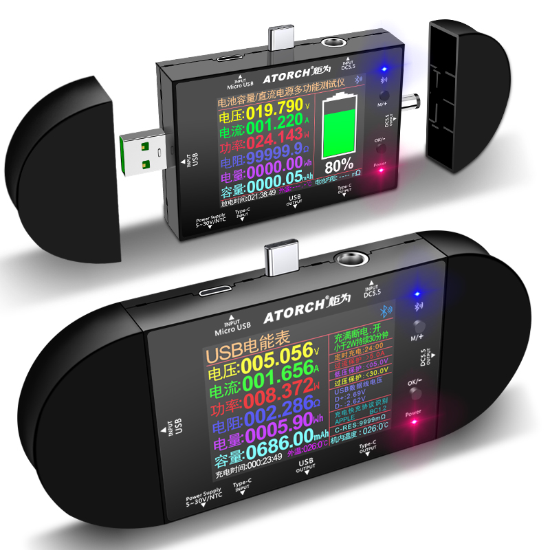 Torch UD24 battery tester capacity tester USB digital display voltmeter ammeter coulomb meter power meter
