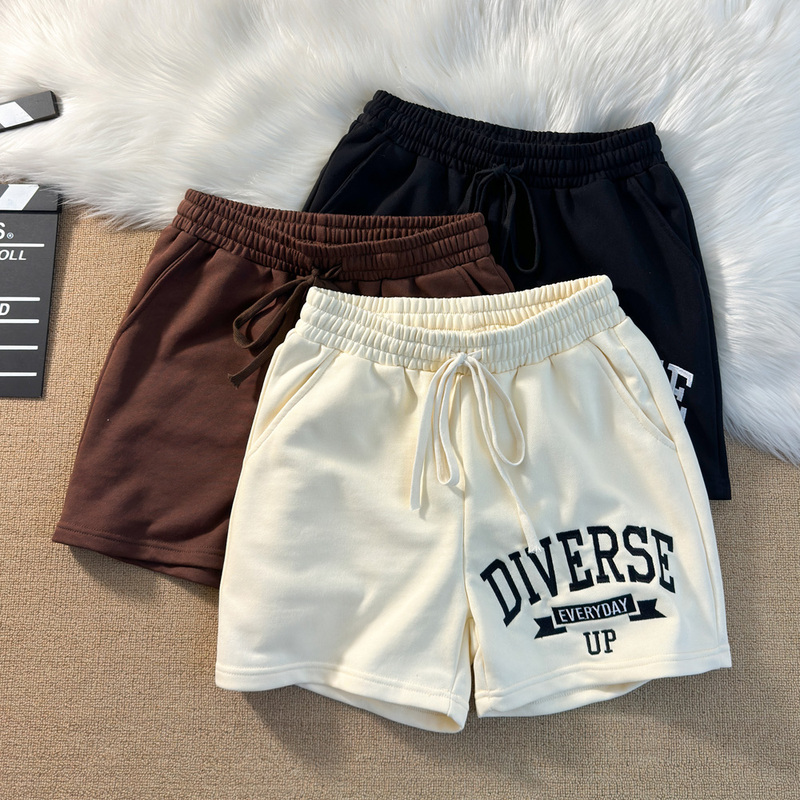 Retro Trendy American-Style Heavy Embroidered Letter Sports Fitness Shorts for Men, Loose Drawstring Basketball Casual Quarter Pants