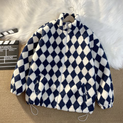 ການອອກແບບຫນາແຫນ້ນ niche checkerboard ເພັດ lamb wool jacket ເປືອກຫຸ້ມນອກຝ້າຍຜູ້ຊາຍແລະແມ່ຍິງເປືອກຫຸ້ມນອກອົບອຸ່ນ coat ຝ້າຍວ່າງ