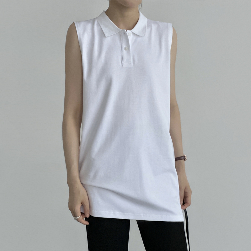 Roman Cotton Polo Collar Long Sleeveless T-Shirt for Women, Covering the Belly, Suitable for Commuting, Casual, Loose-Fitting Vest, Polo Shirt, Mid-Length Top