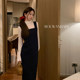 Early spring Korean style outfit, dark blue suspender dress, women's long skirt + small flower pullover two-piece skirt suit