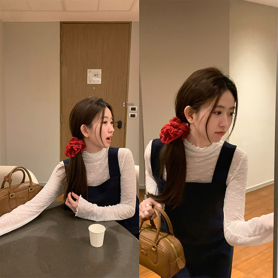 Early spring Korean style outfit, dark blue suspender dress, women's long skirt + small flower pullover two-piece skirt suit