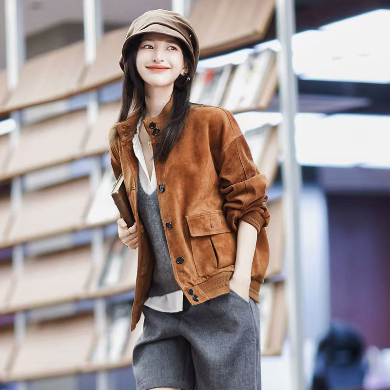 Zhao Daxi | Friends Leather Jacket | Imported Kenyan Suede Sheepskin Lightweight Luxury Brand Stand Collar Retro Jacket for Women