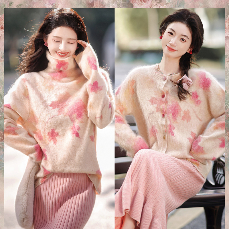 Zhao Daxi | Senyu Dream - Printed Brushed Fabric | 100% Cashmere Brushed Top with Tie-Dye Print Turtleneck Cardigan