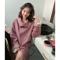 Spot big happy 2019 Winter new solid color simple retro fashion petal collar Coon double-sided coat