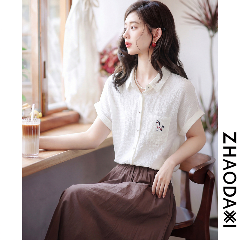 Zhao Daxi | Xiaoma Silk Shirt | 100% Mulberry Silk Wide Crepe Colorful Zebra Embroidery Lapel Raglan Shirt