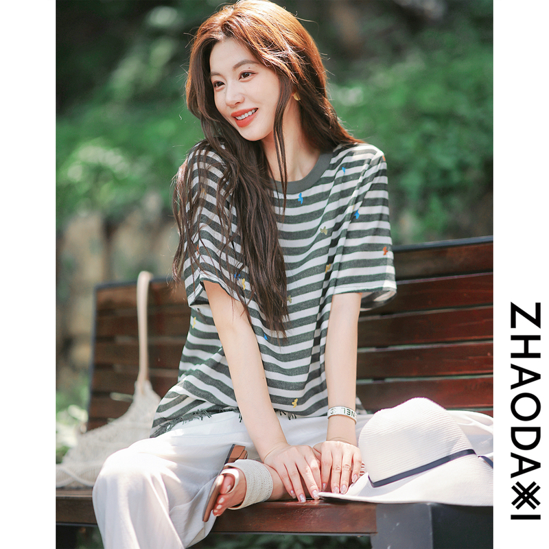 Zhao Daxi | Impressionist T-Shirt | 100% Silk Crepe De Chine Color-Blocked Pony Print Hem Patchwork Tassel Top for Women Summer
