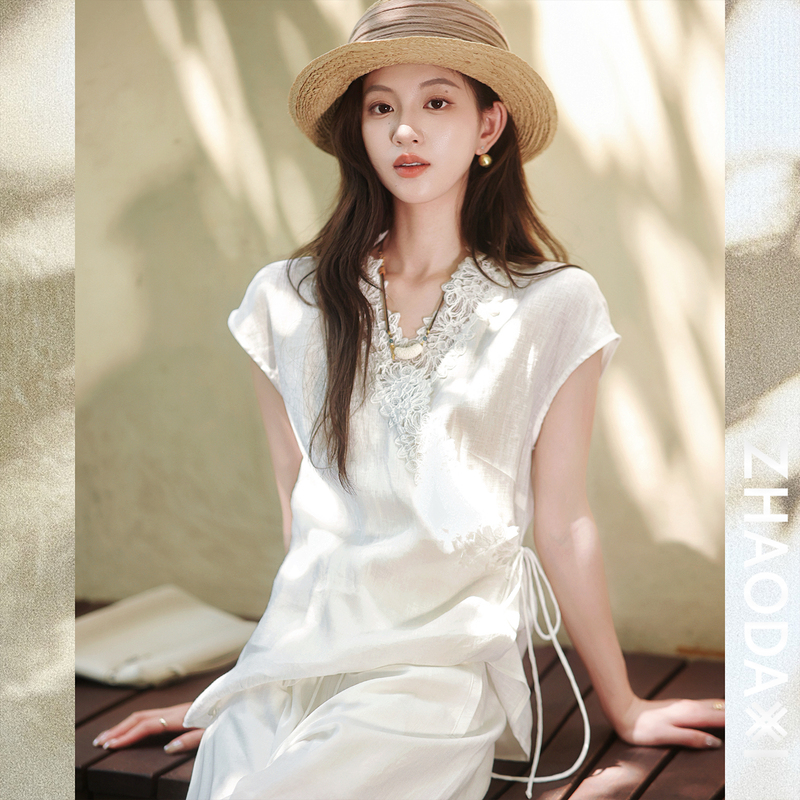Zhao Daxi | Dreamy Lace Blouse | 100% Linen* Hemp Lace Trim Loose Straight Cross V-Neck Blouse Zhao Daxi | Dreamy Lace Blouse | 100% Linen* Hemp Lace Trim Loose Straight Cross V-Neck Blouse