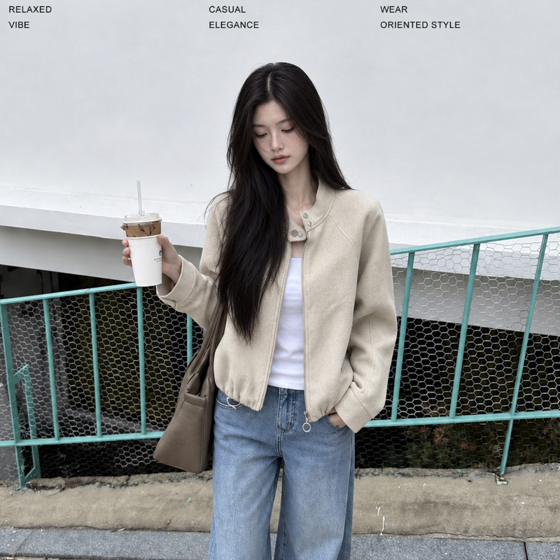 Zhao Daxi | A Cup of American-Style Jacketed Outerwear. | Cotton*Linen/Herringbone Pattern Stand-Up Collar Silhouette Jacket, Relaxed Wind-Resistant Jacket