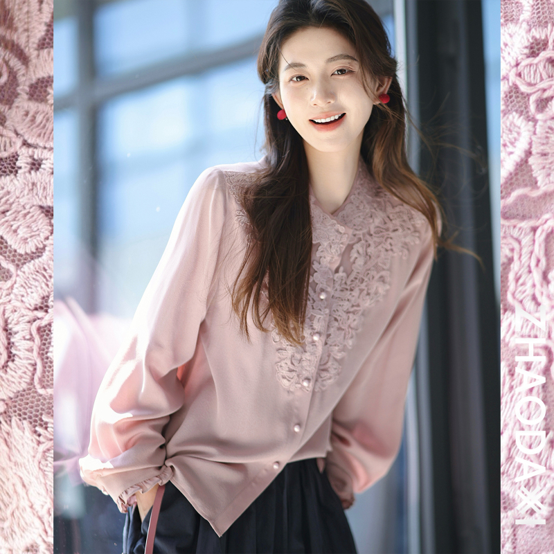 Zhao Daxi | Lace Aesthetic Shirt | 100% Silk Three-Dimensional Embroidered Collar, Placket, Lace Cuffs, Vintage Court Style