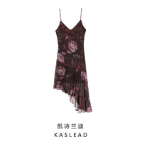 KASLEAD New Women's Clothing European and American Fashion Lace V-neck Printed Suspender Irregular Dress