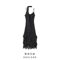 KASLEAD New Women's Clothing European and American Fashion Slim Fit Polka Dot Scarf Decorated Ruffle Dress