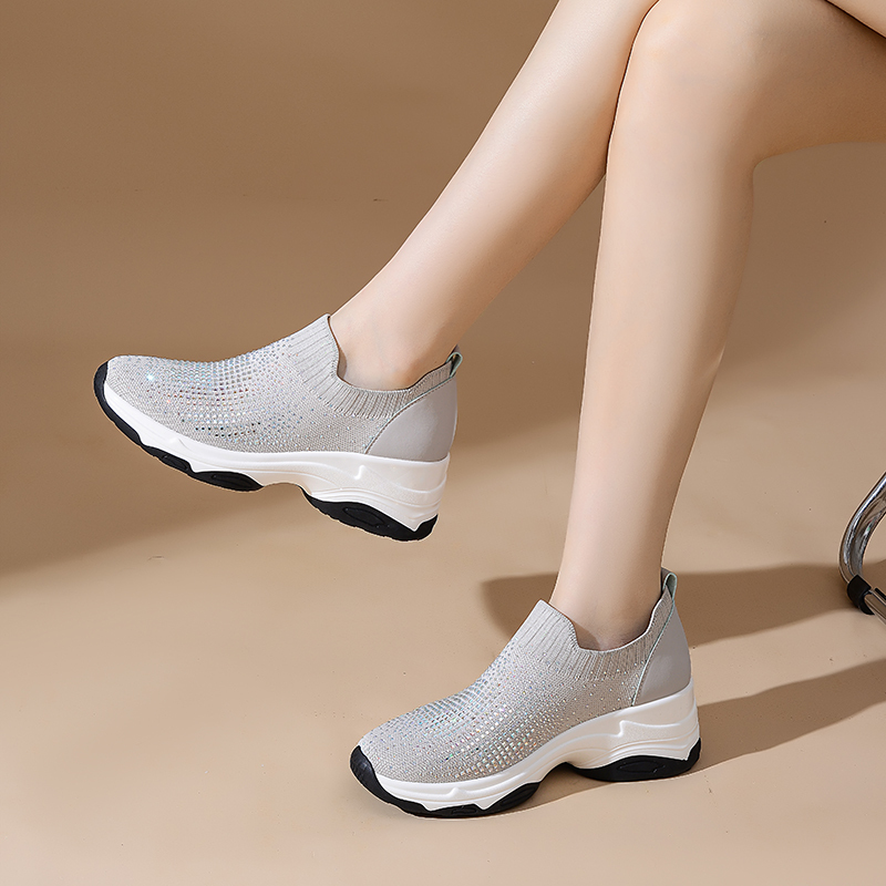 First-Layer Cowhide Knitted Women's Shoes, Wedge Heel, Thick Sole, Fashionable Sneakers, Rhinestone, Large Size, Non-Slip Women's Shoes, Breathable Round Toe
