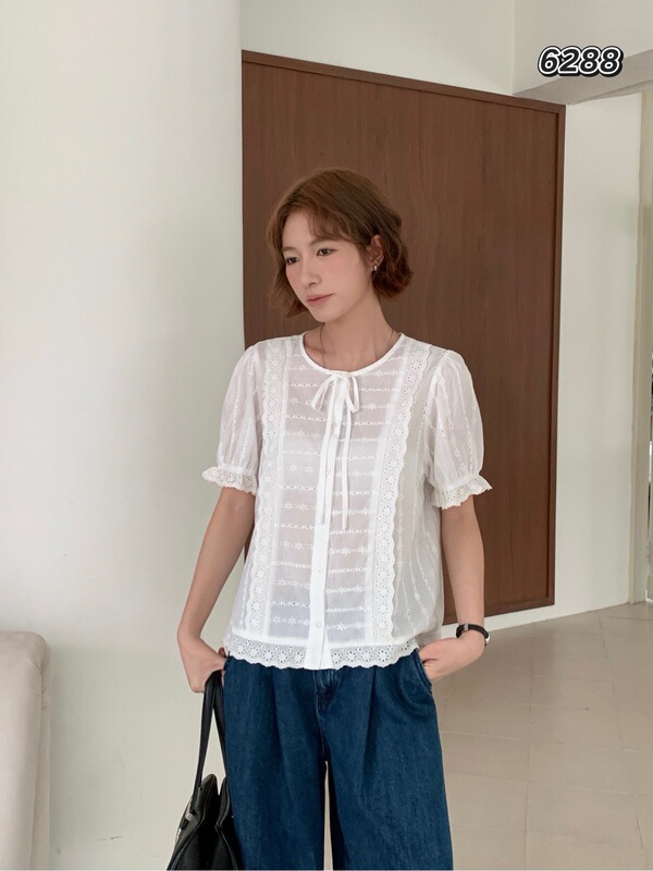 2026 New Product Lace Collar Short-Sleeved Shirt for Women with Lace-Up Stylish Slimming Shirt