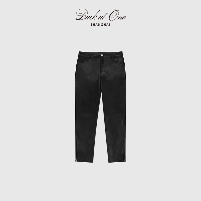 Backatone “Cool and Elegant” Uncoated Vegetable-Tanned Stretch Slim-Fit Black Fashionable Zipper Leather Pants for Women