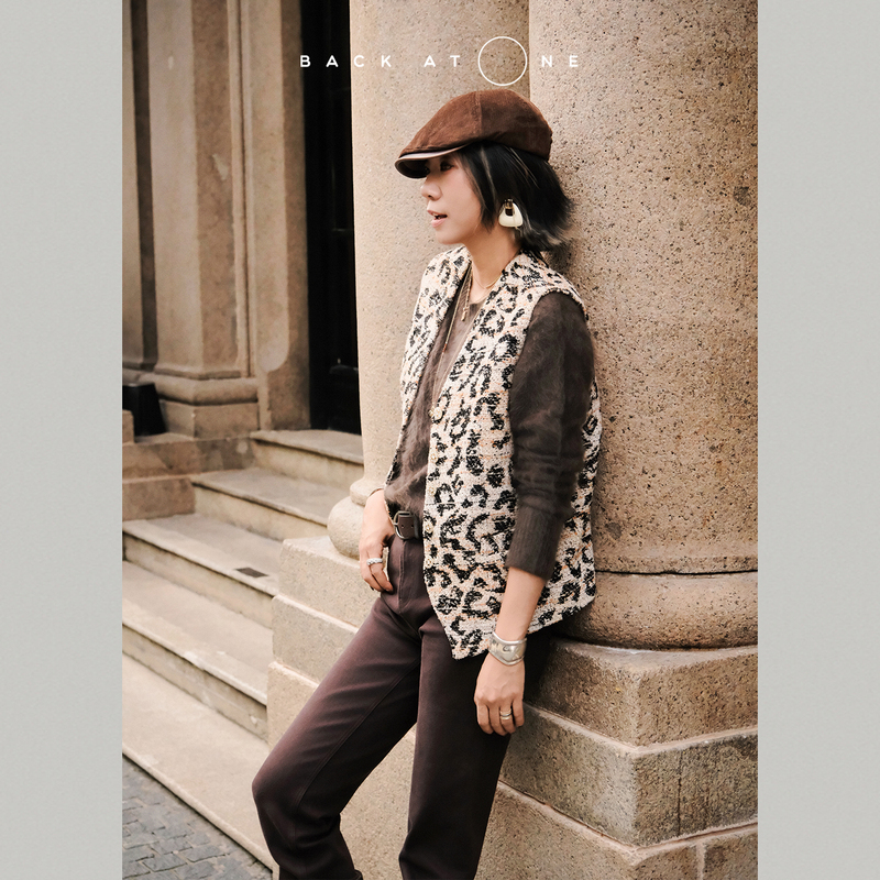 Backatone "Wild Brown Patterned Leopard Print Wool Vintage Original Design Casual Sleeveless Outerwear Vest