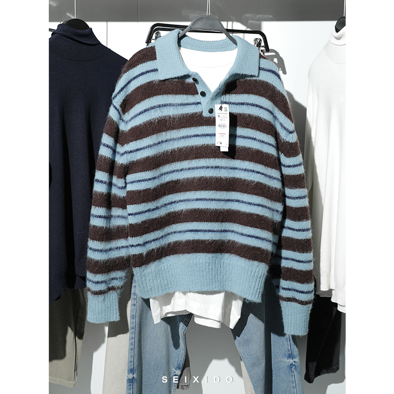 Cabinet 319! New Autumn and Winter Men's Clothing, European and American Simple Style, Brushed Striped Lapel Casual Knit Sweater 9598395