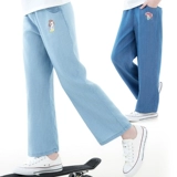 Детские штаны, летние тонкие шелковые джинсы, подходит для подростков, свободный прямой крой, детская одежда