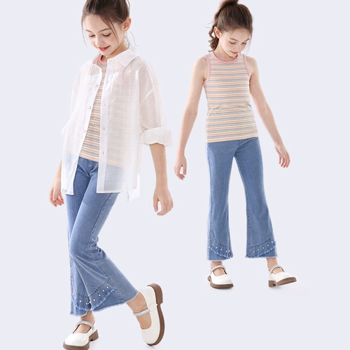 Летние детские штаны, весенние джинсовые штаны-клёш, подходит для подростков, в западном стиле, детская одежда