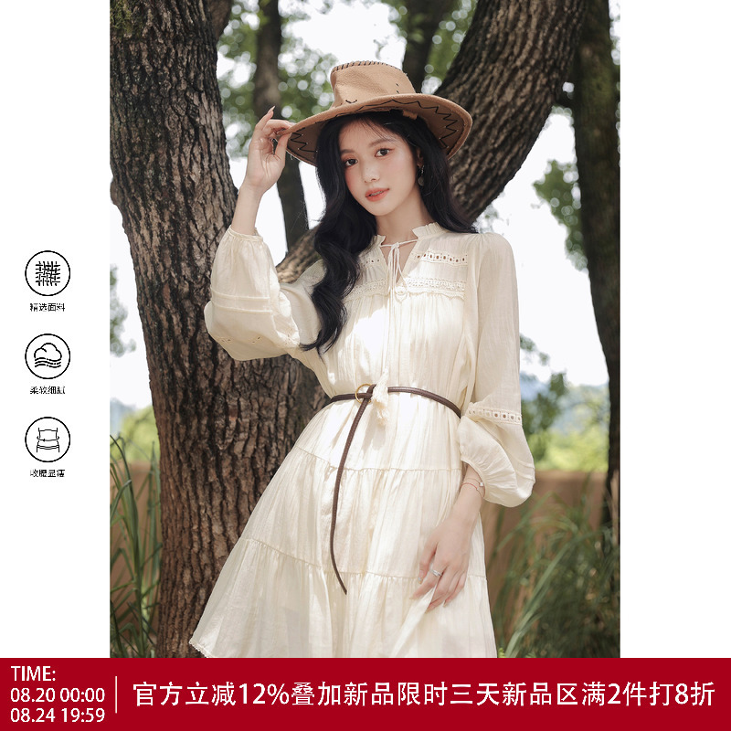 Lingjiu 2026 New Ethnic Style Beautiful White Dress with Waist-Cinching Bohemian Long-Sleeve Dress for Women in Autumn and Summer