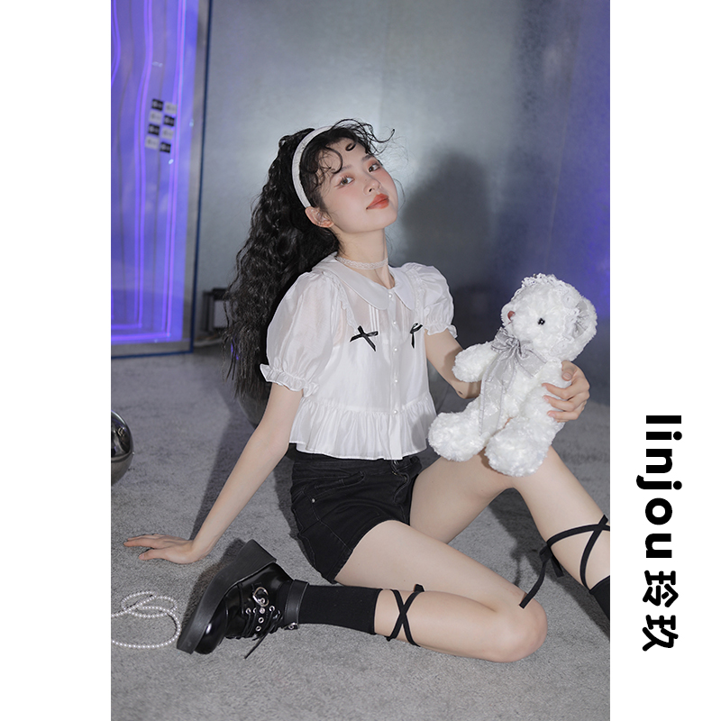 Ling-jiu Design Sensation Style Snow-spinning Shirt Butterfly Knot Lotus Leaf Lace Blouse Women 2022 Doll Collar Shirt Female Summer Thin