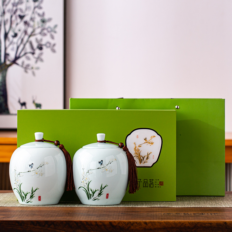 Tea Packaging Gift Box Empty Gift Box Ceramic Tea Leaves Jar Half Catty Green Tea Besnail Spring West Lake Dragon Well Sealed Jar Double Jar