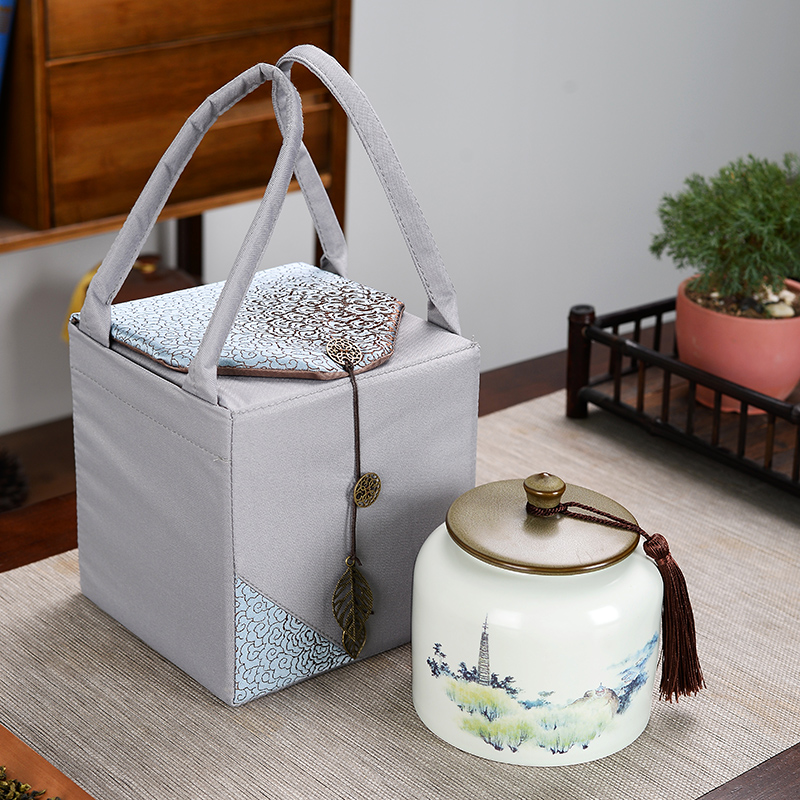 Ceramic Tea Leaf Jars Seal Tank Retro Fabric Bag Empty Gift Box Large Black Tea Green Tea Half Catty Storage Tank Packaging Customised