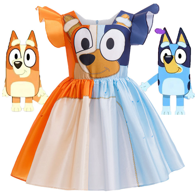 Children's Cosplay Magical Number Bingo Bluey Cartoon Print Princess Dress Halloween Performance Costume