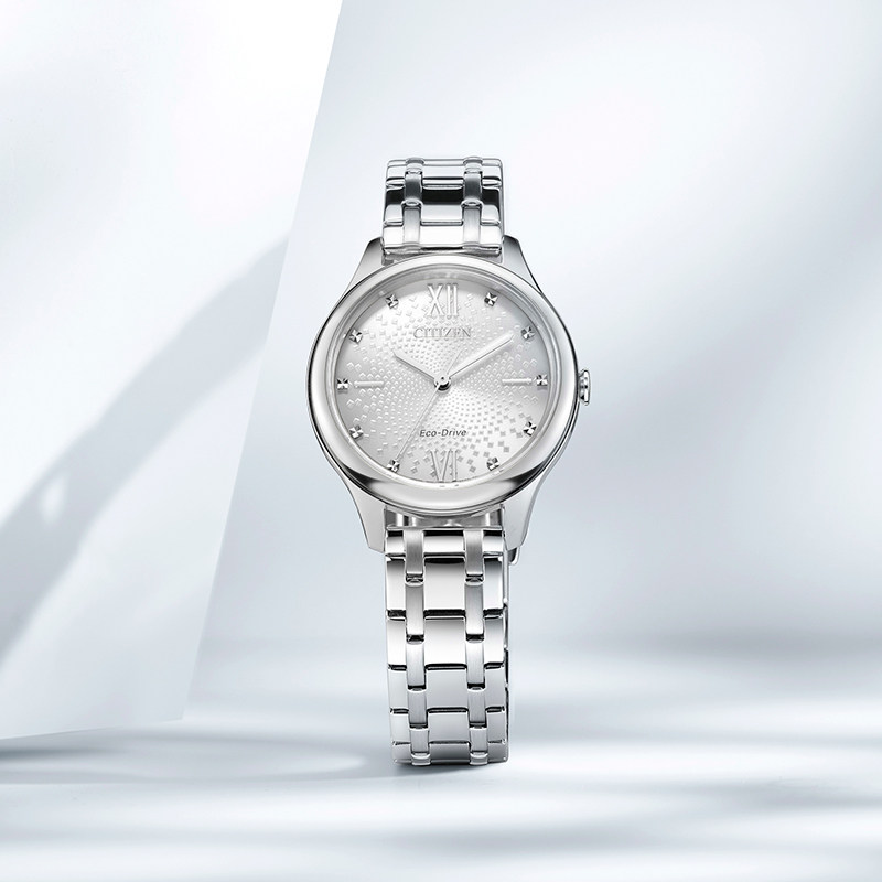 [New Year's Gift] Citizen official store Fashionable and Simple Light Kinetic Energy Watch with Ripple Pattern Dial for Women Em0500